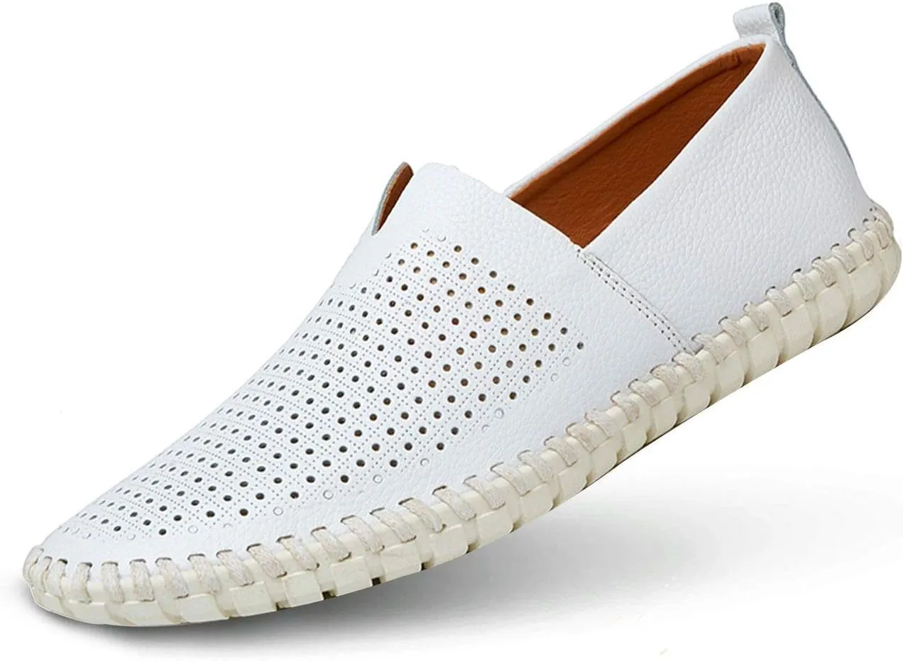 Men's Genuine Leather Loafer Shoes Slip On Soft Walking Shoes Perforated Driving Shoes