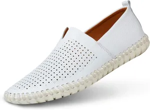 Men's Genuine Leather Loafer Shoes Slip On Soft Walking Shoes Perforated Driving Shoes