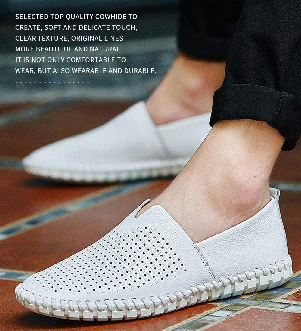 Men's Genuine Leather Loafer Shoes Slip On Soft Walking Shoes Perforated Driving Shoes