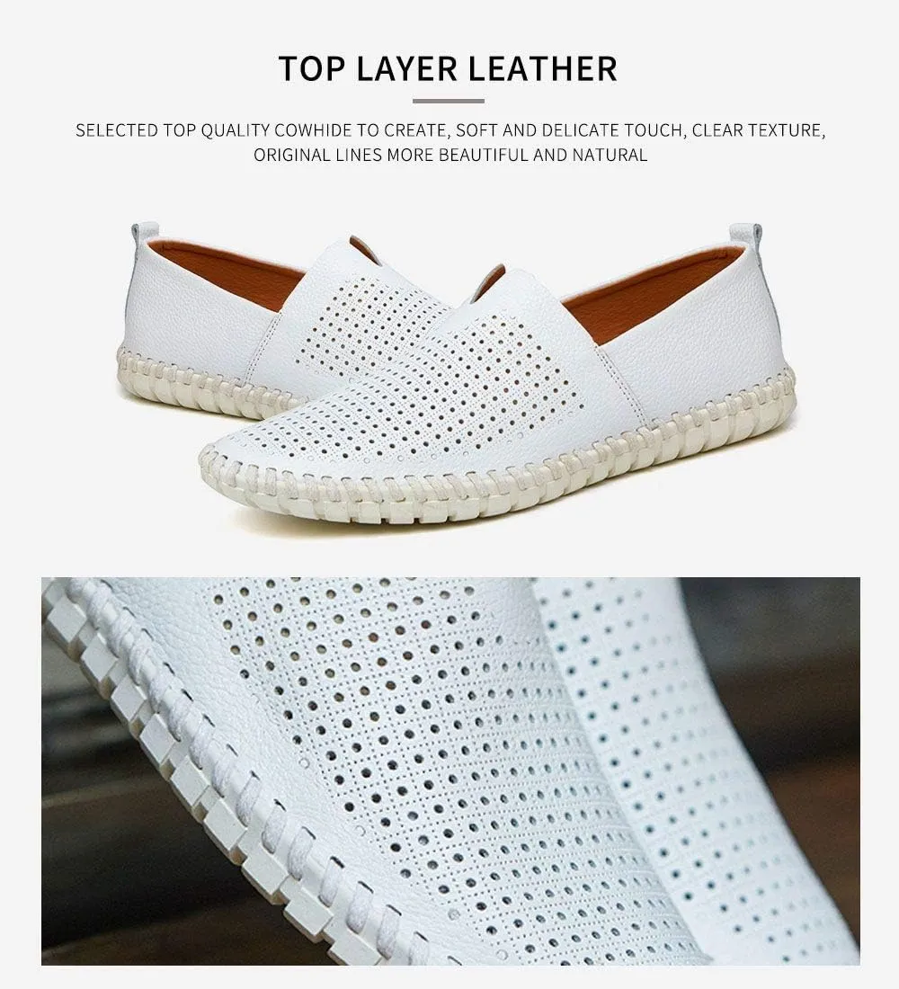 Men's Genuine Leather Loafer Shoes Slip On Soft Walking Shoes Perforated Driving Shoes