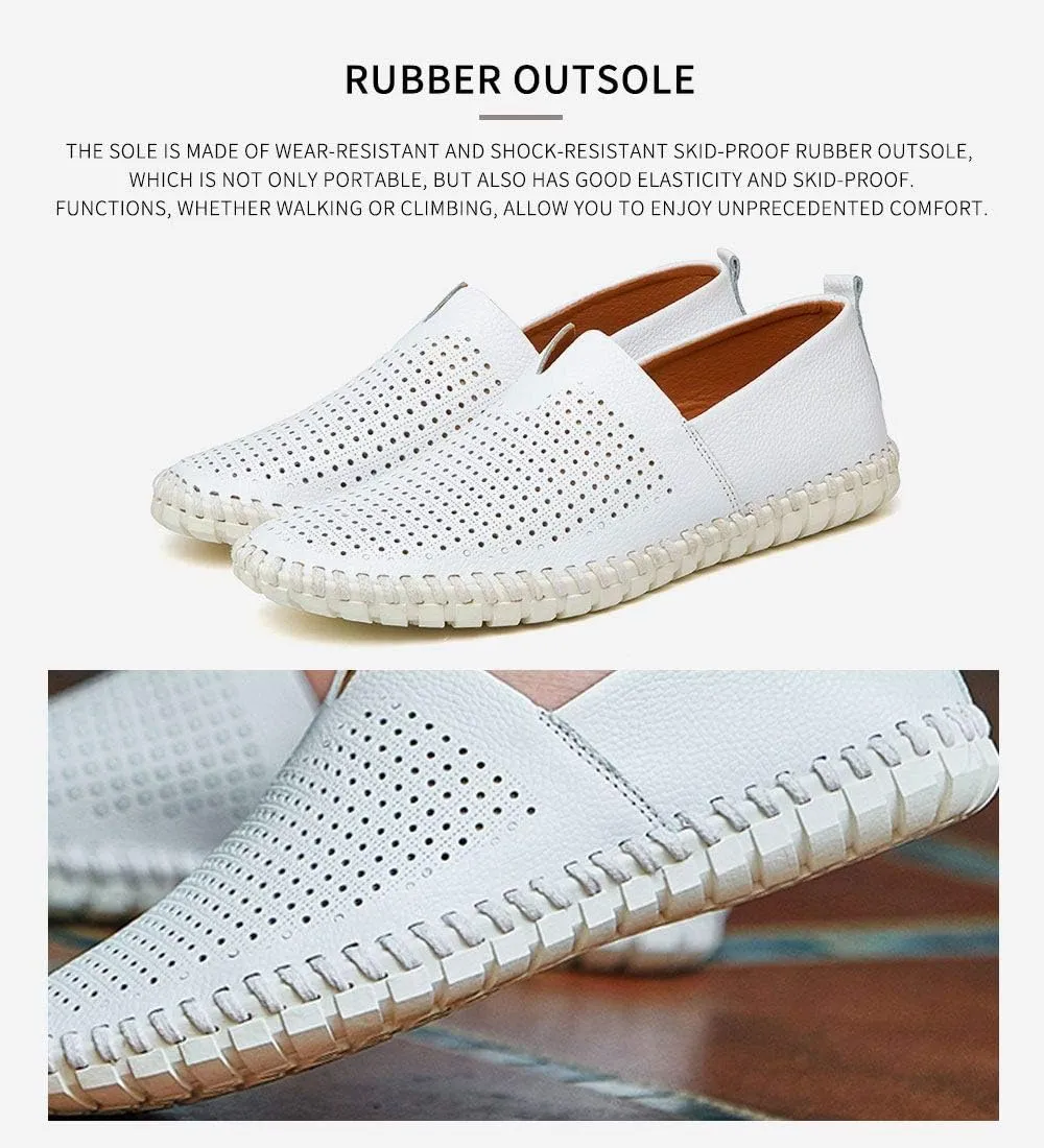 Men's Genuine Leather Loafer Shoes Slip On Soft Walking Shoes Perforated Driving Shoes