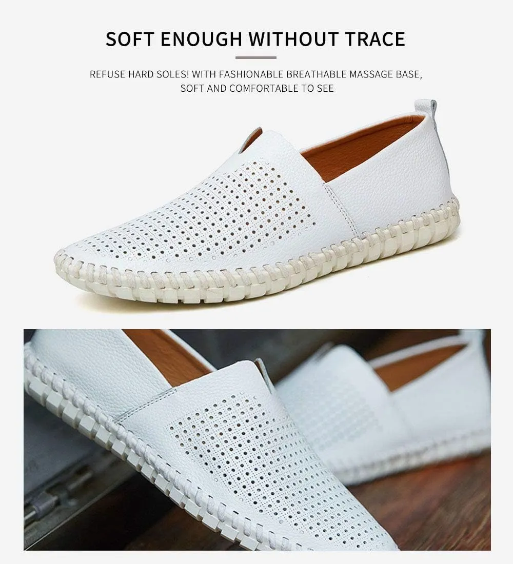 Men's Genuine Leather Loafer Shoes Slip On Soft Walking Shoes Perforated Driving Shoes