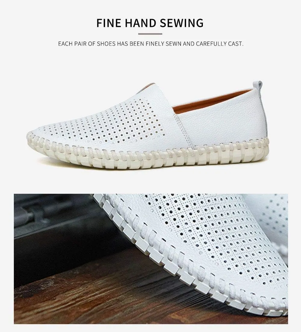 Men's Genuine Leather Loafer Shoes Slip On Soft Walking Shoes Perforated Driving Shoes
