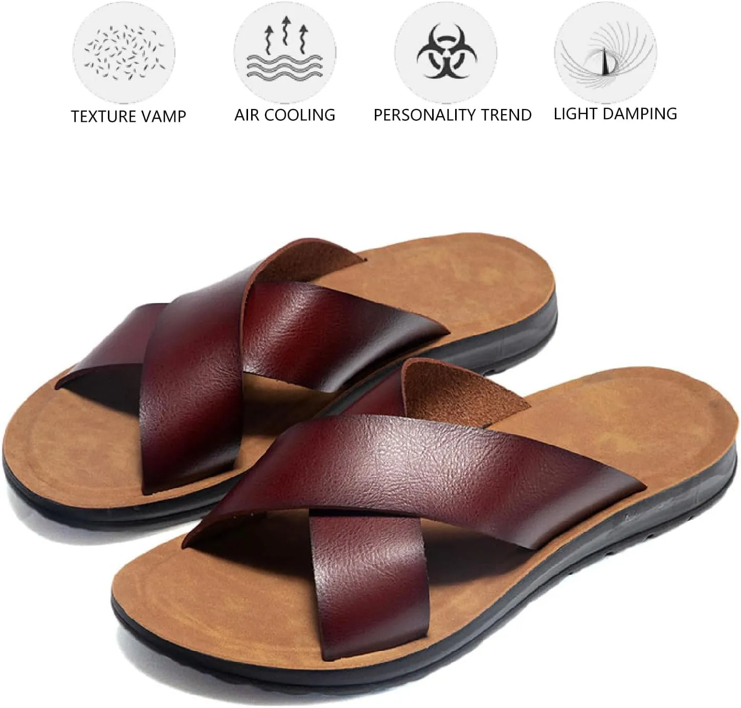 Men's Leather Platform Orthotic Slides Sandals Open Toe Comfort Arch Support Hollow Slip On Slippers Summer Lightweight Anti-Slip Soft Bottom Casual Walking Beach Sandals