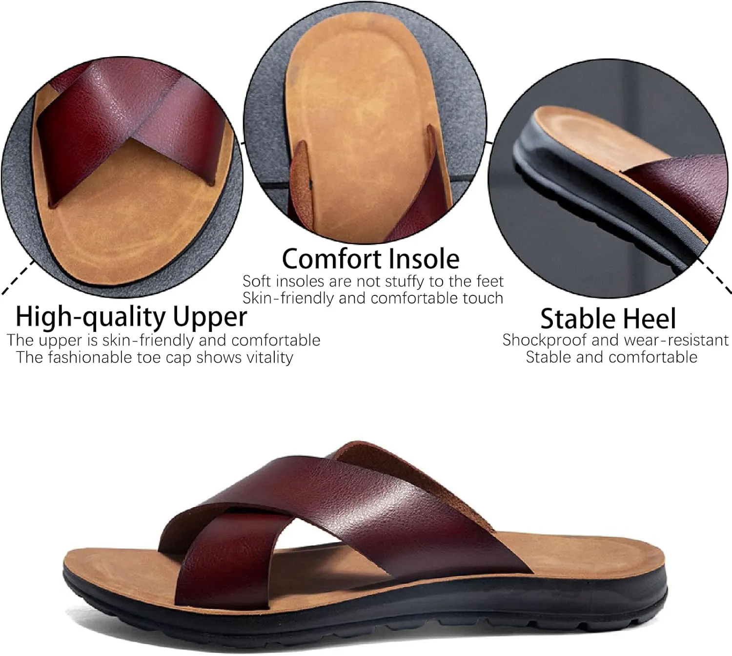 Men's Leather Platform Orthotic Slides Sandals Open Toe Comfort Arch Support Hollow Slip On Slippers Summer Lightweight Anti-Slip Soft Bottom Casual Walking Beach Sandals