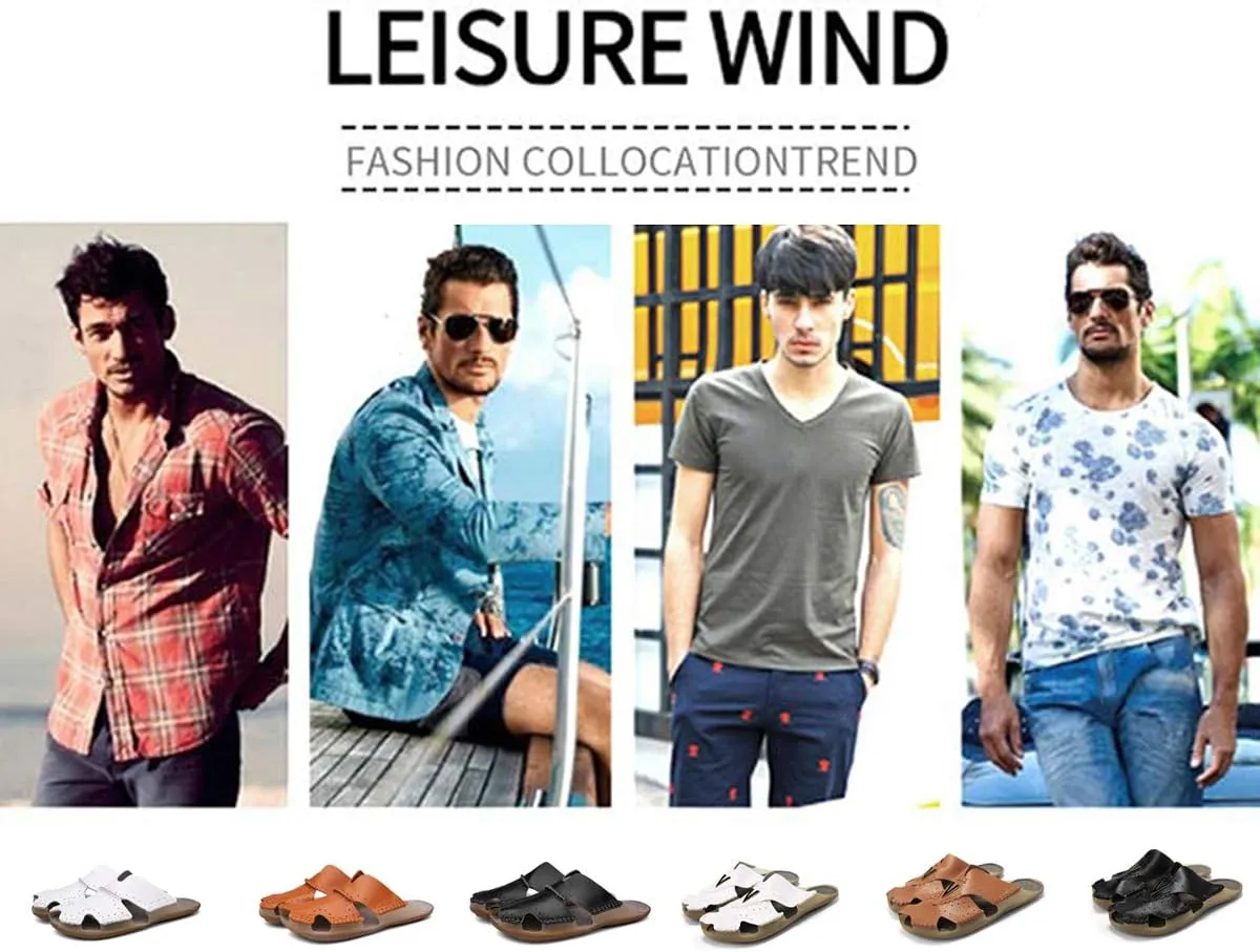 Mens Leather Sandals Casual Slippers Non-Slip Outdoor Slides Fashion Summer Beach Closed Toe Shoes