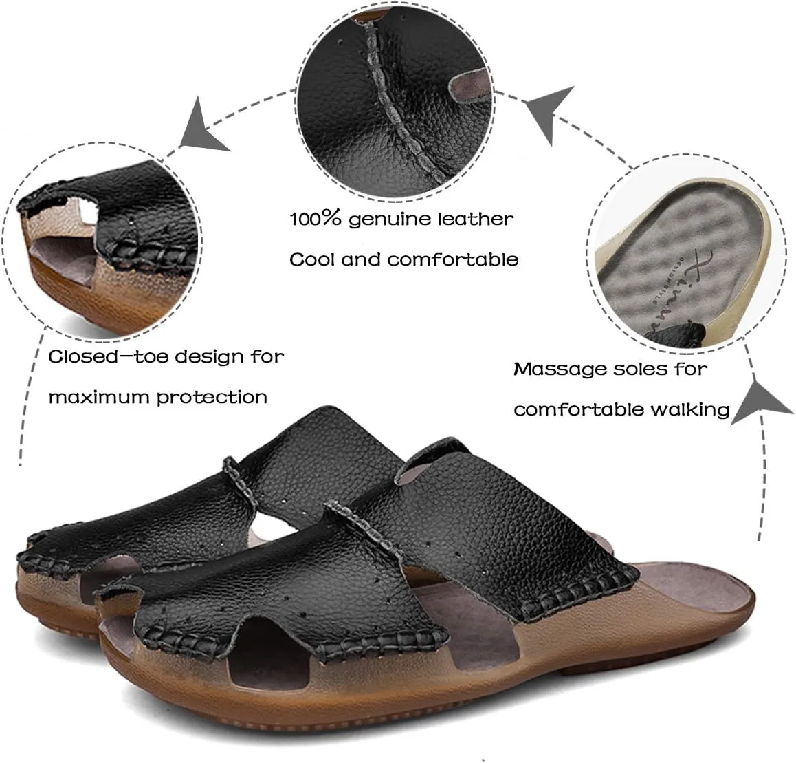 Mens Leather Sandals Casual Slippers Non-Slip Outdoor Slides Fashion Summer Beach Closed Toe Shoes