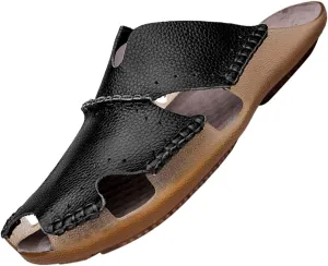 Mens Leather Sandals Casual Slippers Non-Slip Outdoor Slides Fashion Summer Beach Closed Toe Shoes