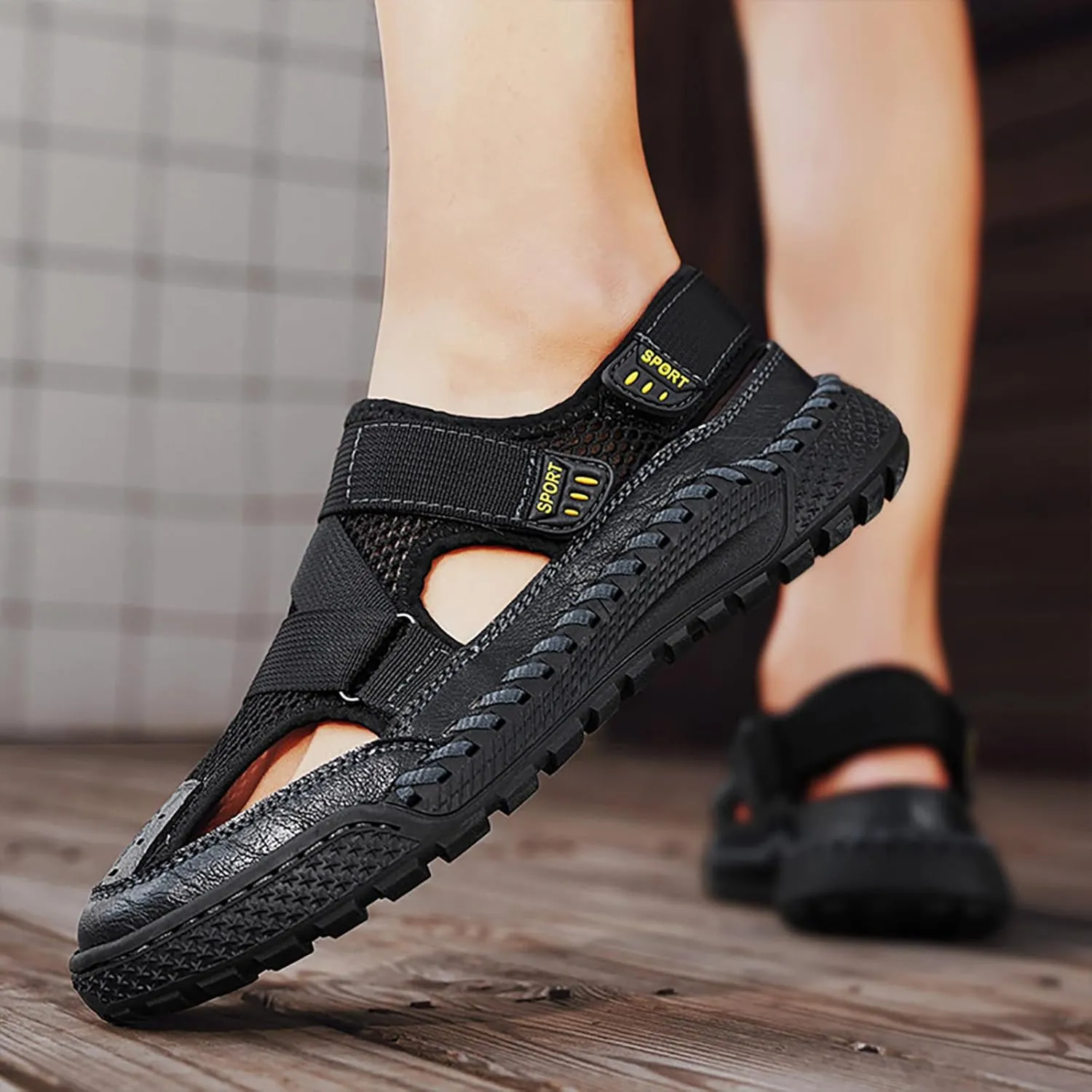 Men'S Mesh Hooked Strappy Platform fisherman Sandals With Adjustable Straps Summer Lightweight Breathable Closed Toe Athletic Sport Sandals For Walking Casual Hiking Sandals