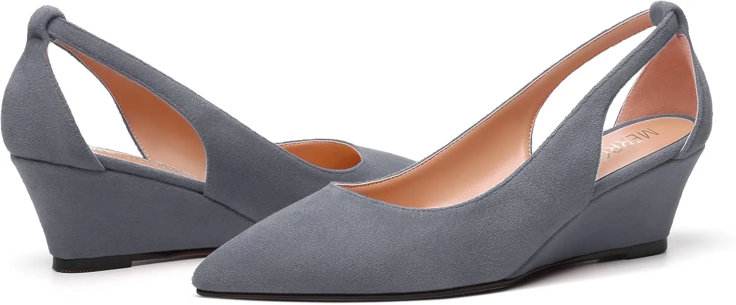 MERRORI Womens Casual Office Pointed Toe Slip On Suede Wedge Low Heel Pumps Shoes 2 Inch
