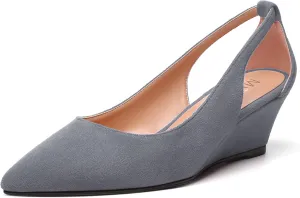 MERRORI Womens Casual Office Pointed Toe Slip On Suede Wedge Low Heel Pumps Shoes 2 Inch