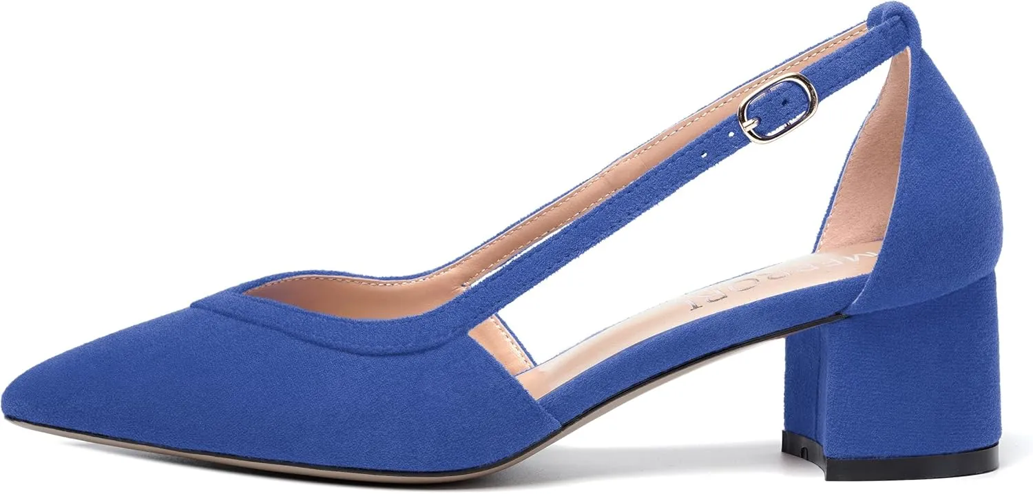 MERRORI Womens Pointed Toe Dress Heels Casual Slip On Suede Office Block Low Heel Pumps Shoes 2 Inch