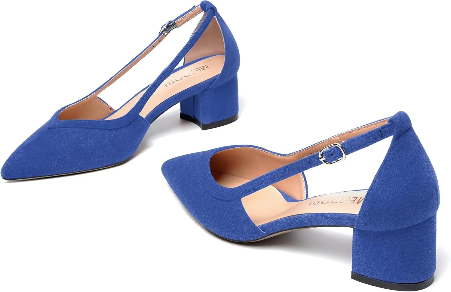 MERRORI Womens Pointed Toe Dress Heels Casual Slip On Suede Office Block Low Heel Pumps Shoes 2 Inch