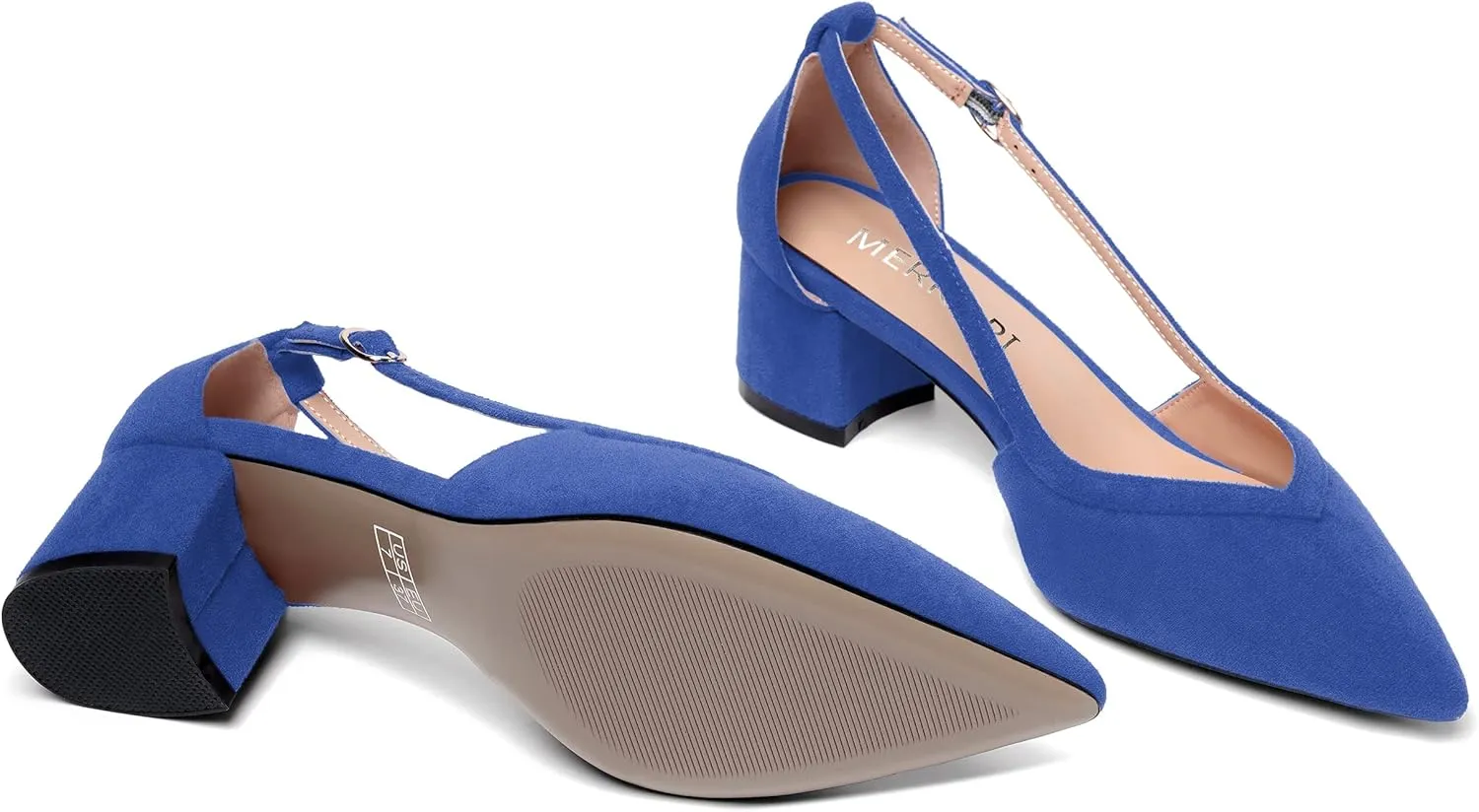 MERRORI Womens Pointed Toe Dress Heels Casual Slip On Suede Office Block Low Heel Pumps Shoes 2 Inch