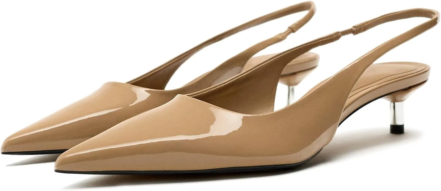 Metallic Heel Slingback Kitten Heels for Women Slip On Pointed Toe Pumps Comfortable Casual Dress Work Shoes