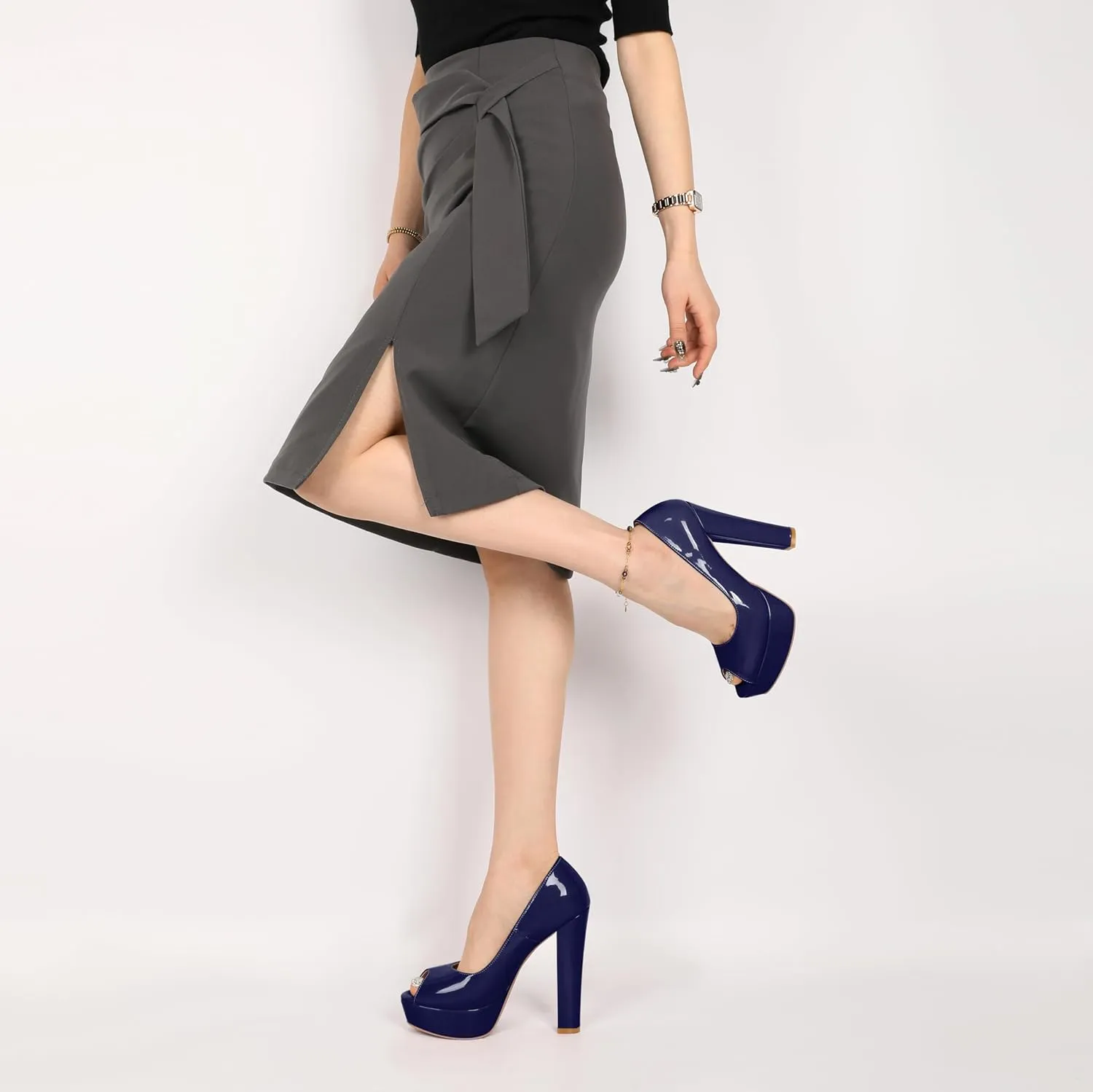 Mettesally Women's Peep Toe Platform Pumps Chunky Heel Slip On Weding Party Evening Dress Shoes