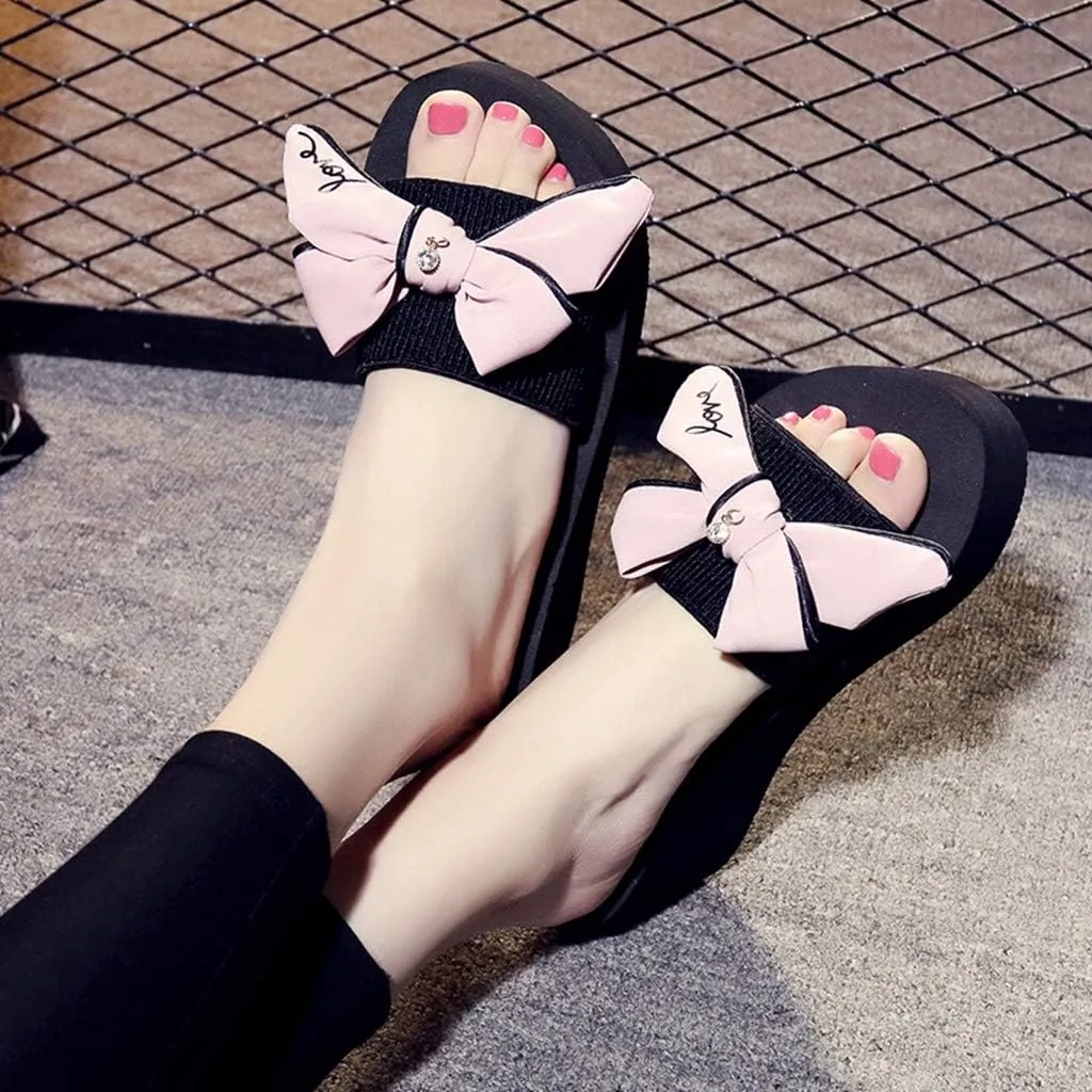 MIOKE Women's Bowtie Wedge Slide Sandals Fashion High Heel Platform Comfort Anti-Slip Summer Beach Sandal