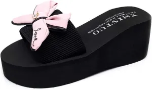 MIOKE Women's Bowtie Wedge Slide Sandals Fashion High Heel Platform Comfort Anti-Slip Summer Beach Sandal