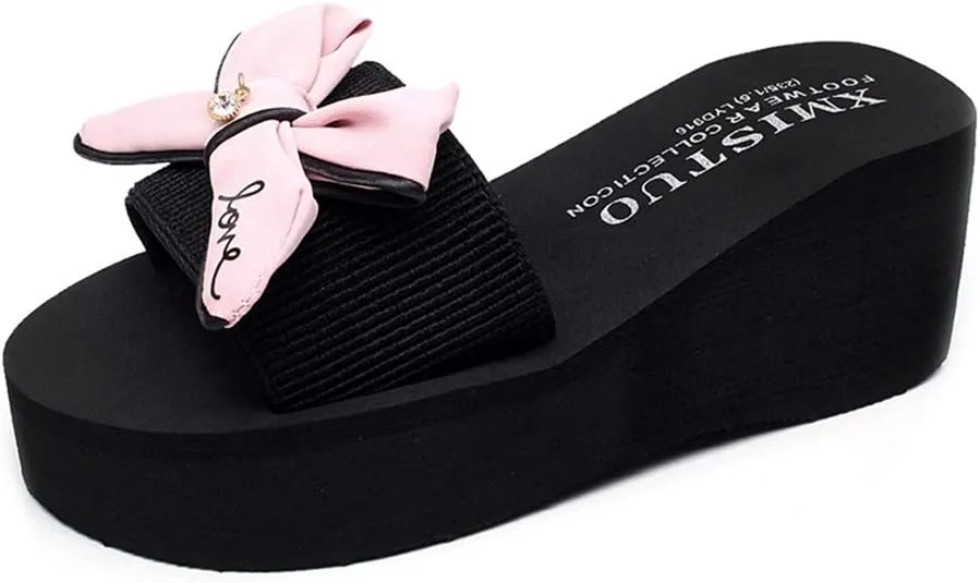 MIOKE Women's Bowtie Wedge Slide Sandals Fashion High Heel Platform Comfort Anti-Slip Summer Beach Sandal
