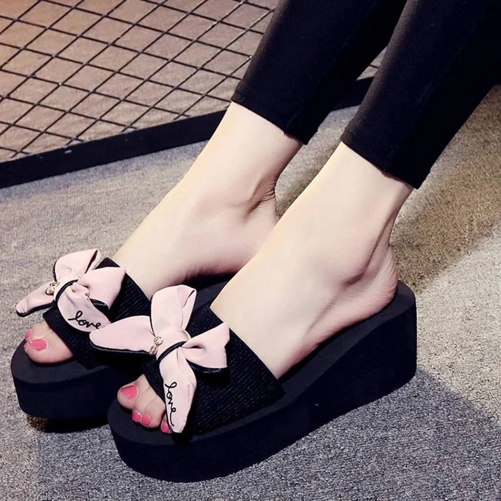 MIOKE Women's Bowtie Wedge Slide Sandals Fashion High Heel Platform Comfort Anti-Slip Summer Beach Sandal