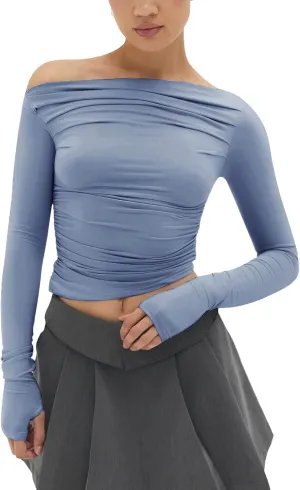 MISS MOLY Women's Off Shoulder Asymmetrical Tops Y2K Ruched Slim Sexy Cropped Long Sleeve Tee Shirts