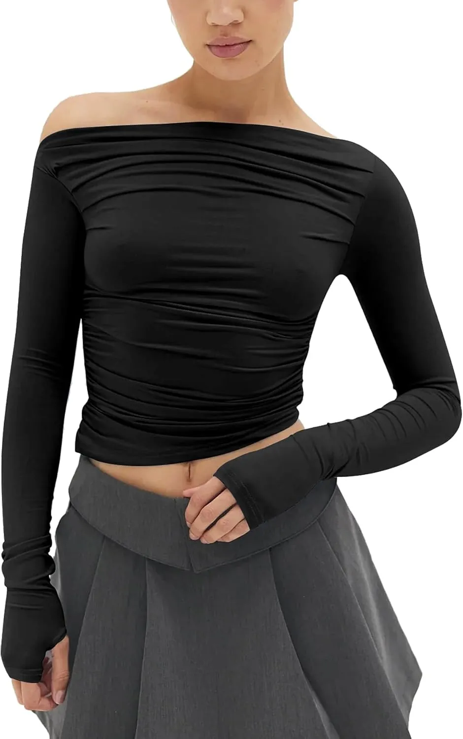MISS MOLY Women's Off Shoulder Asymmetrical Tops Y2K Ruched Slim Sexy Cropped Long Sleeve Tee Shirts