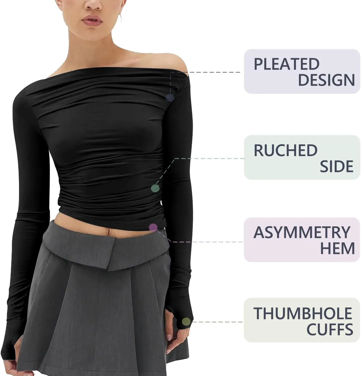 MISS MOLY Women's Off Shoulder Asymmetrical Tops Y2K Ruched Slim Sexy Cropped Long Sleeve Tee Shirts