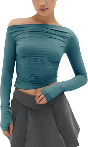 MISS MOLY Women's Off Shoulder Asymmetrical Tops Y2K Ruched Slim Sexy Cropped Long Sleeve Tee Shirts