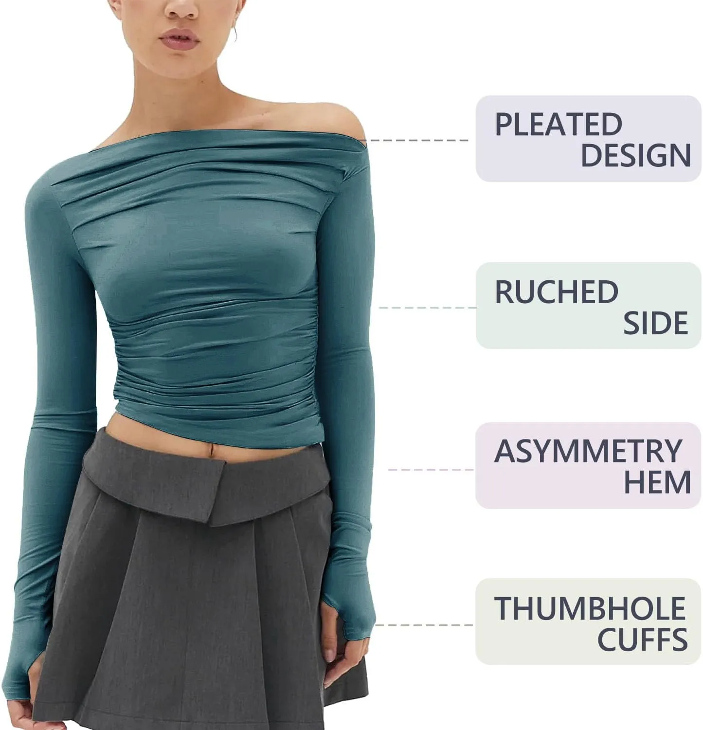 MISS MOLY Women's Off Shoulder Asymmetrical Tops Y2K Ruched Slim Sexy Cropped Long Sleeve Tee Shirts