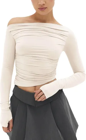 MISS MOLY Women's Off Shoulder Asymmetrical Tops Y2K Ruched Slim Sexy Cropped Long Sleeve Tee Shirts