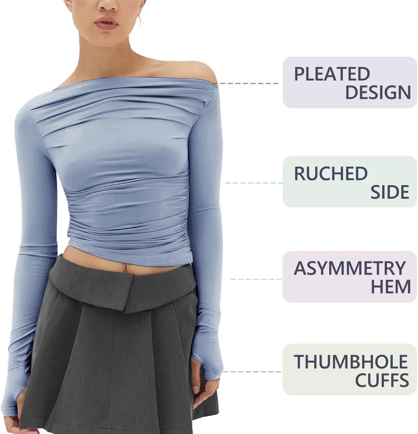MISS MOLY Women's Off Shoulder Asymmetrical Tops Y2K Ruched Slim Sexy Cropped Long Sleeve Tee Shirts