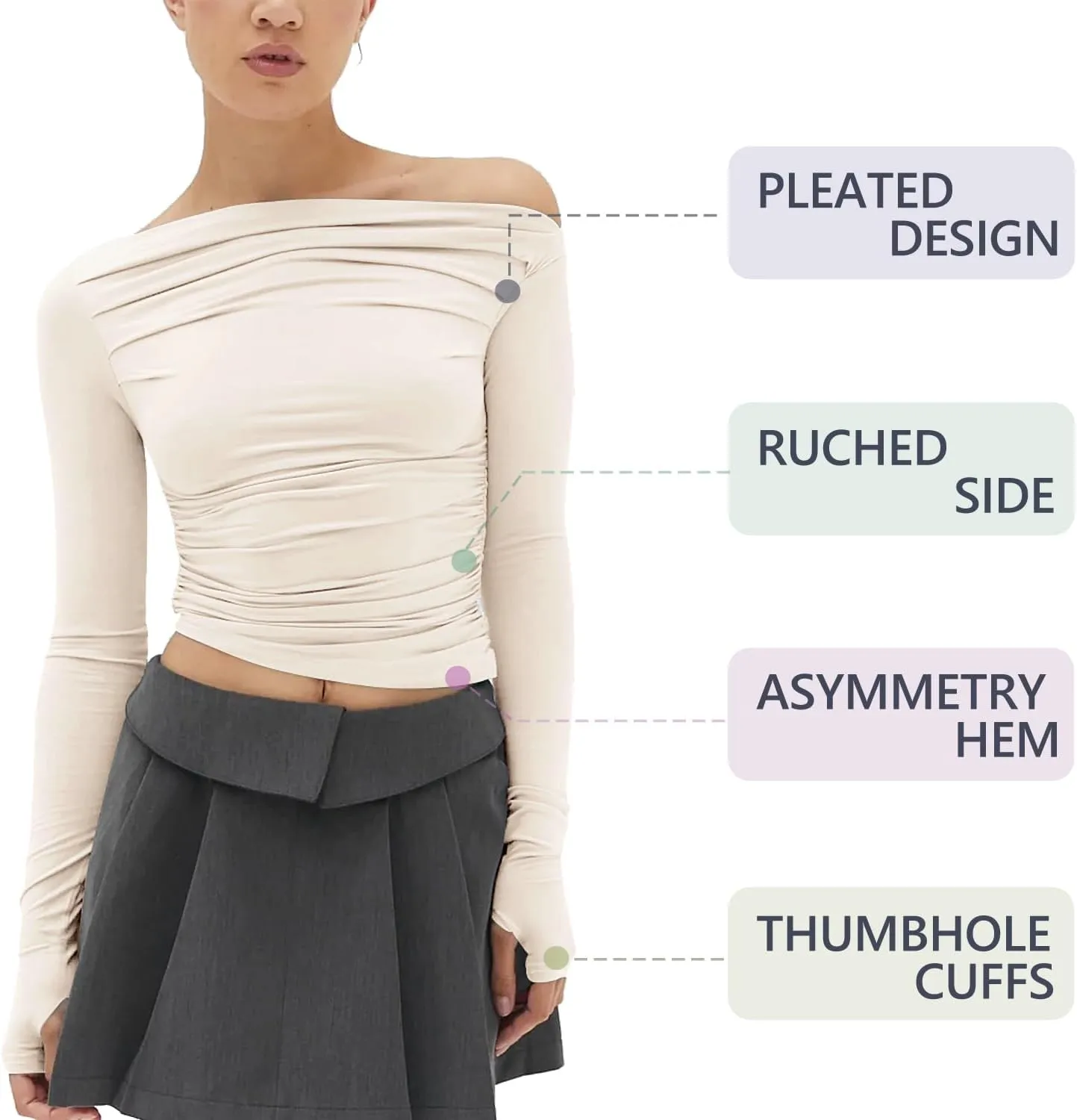 MISS MOLY Women's Off Shoulder Asymmetrical Tops Y2K Ruched Slim Sexy Cropped Long Sleeve Tee Shirts
