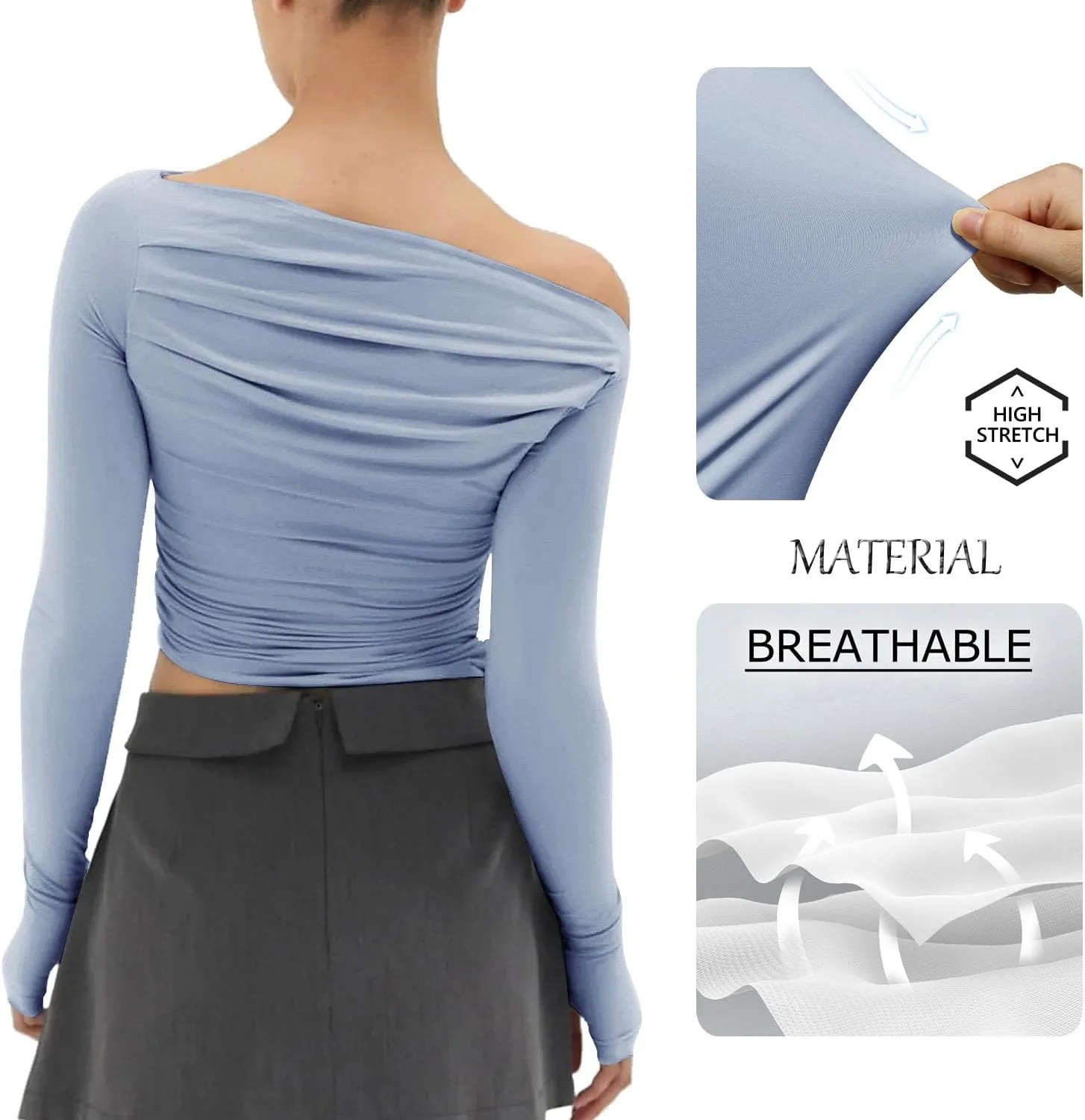 MISS MOLY Women's Off Shoulder Asymmetrical Tops Y2K Ruched Slim Sexy Cropped Long Sleeve Tee Shirts