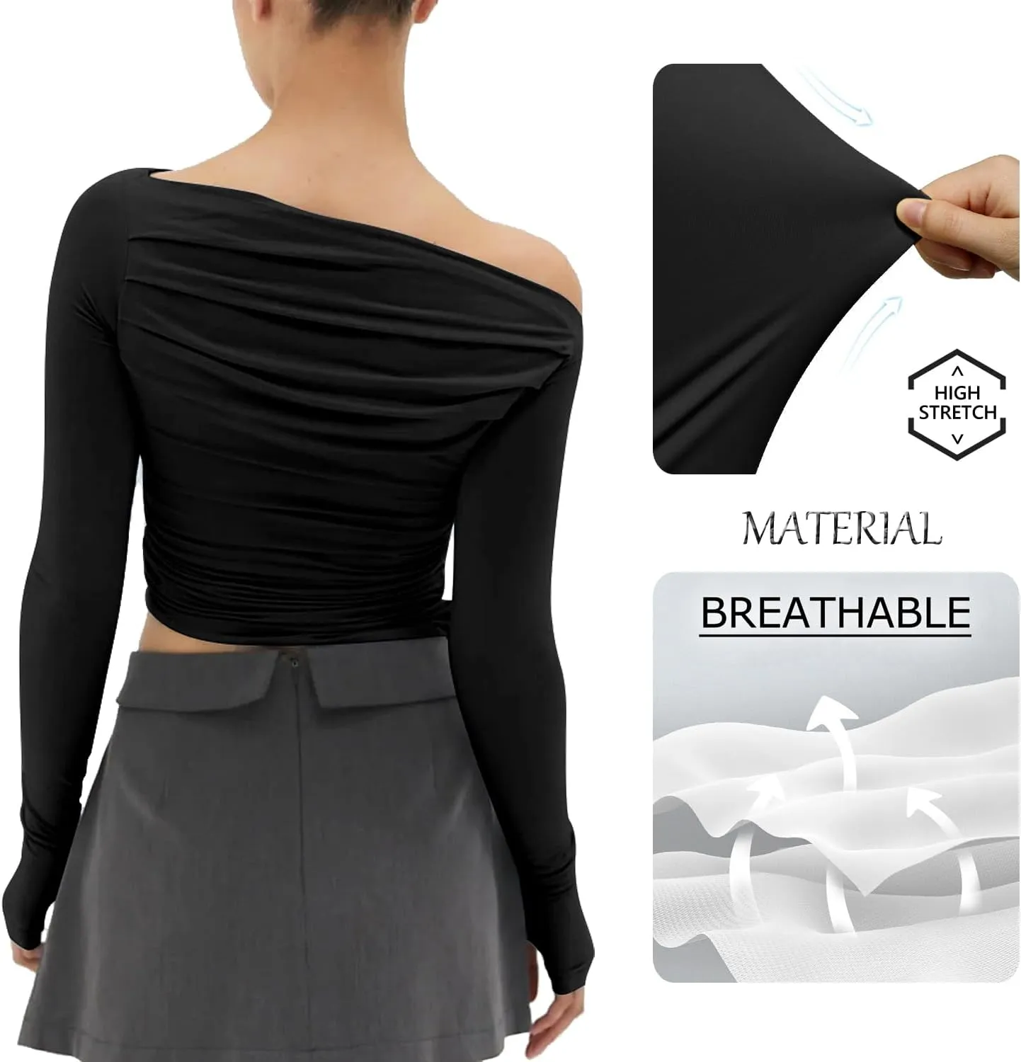 MISS MOLY Women's Off Shoulder Asymmetrical Tops Y2K Ruched Slim Sexy Cropped Long Sleeve Tee Shirts