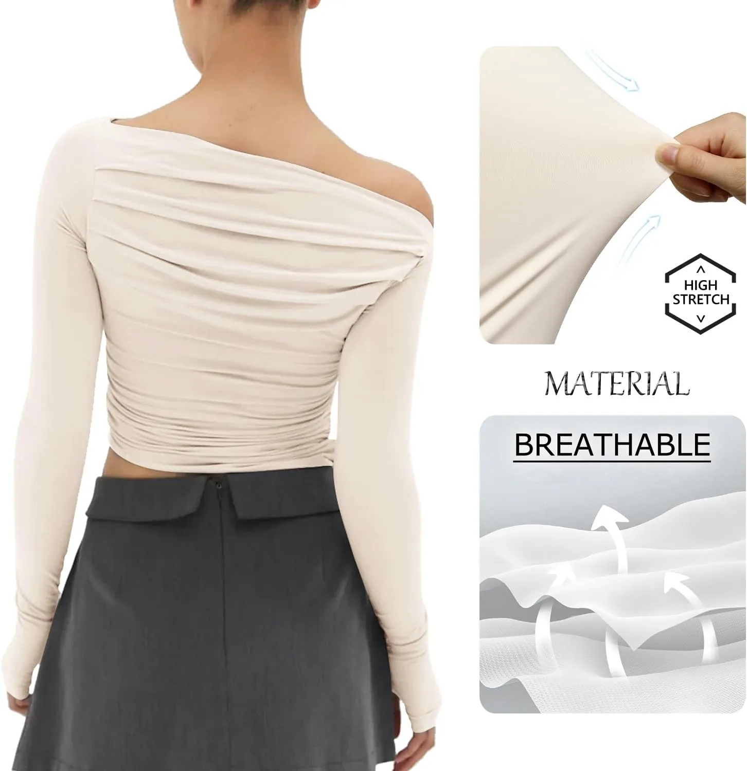MISS MOLY Women's Off Shoulder Asymmetrical Tops Y2K Ruched Slim Sexy Cropped Long Sleeve Tee Shirts