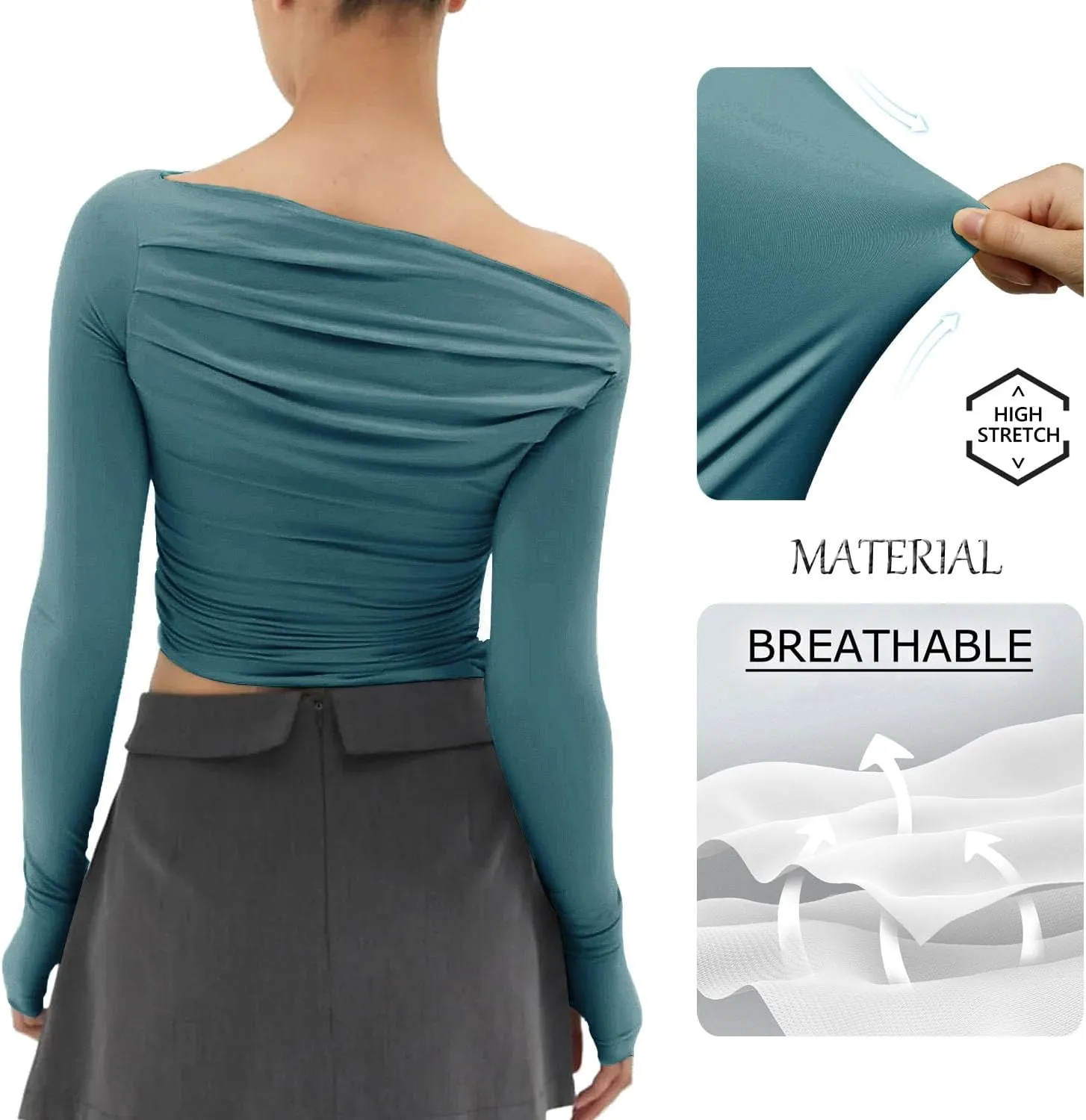 MISS MOLY Women's Off Shoulder Asymmetrical Tops Y2K Ruched Slim Sexy Cropped Long Sleeve Tee Shirts