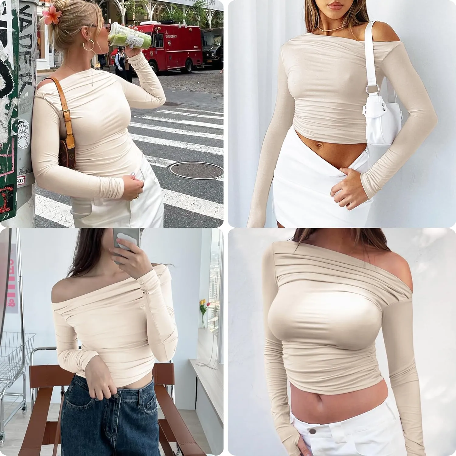 MISS MOLY Women's Off Shoulder Asymmetrical Tops Y2K Ruched Slim Sexy Cropped Long Sleeve Tee Shirts