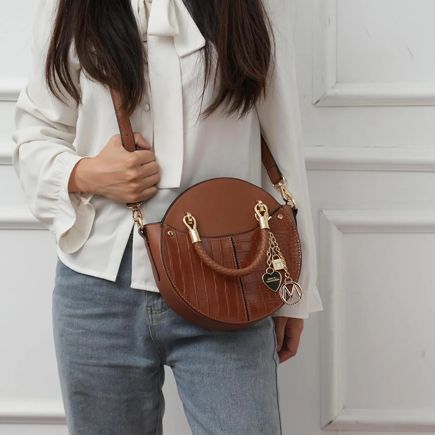 MKF Collection Stylish Round Crossbody Bag for Women – PU Leather Wristlet Handbag, Fashion Circle Messenger Purse by Mia K