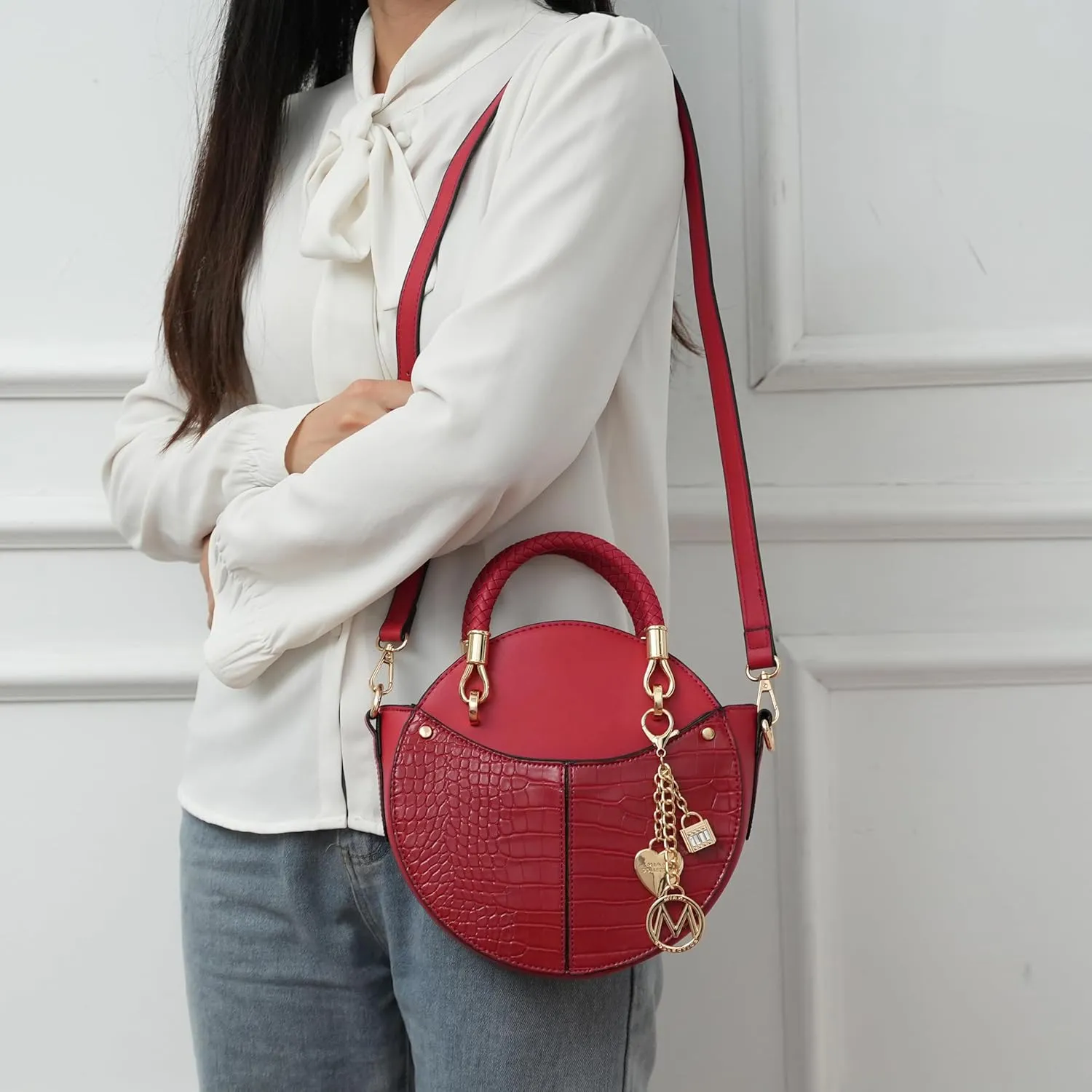 MKF Collection Stylish Round Crossbody Bag for Women – PU Leather Wristlet Handbag, Fashion Circle Messenger Purse by Mia K