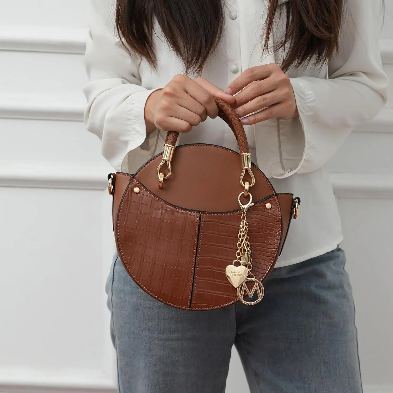 MKF Collection Stylish Round Crossbody Bag for Women – PU Leather Wristlet Handbag, Fashion Circle Messenger Purse by Mia K