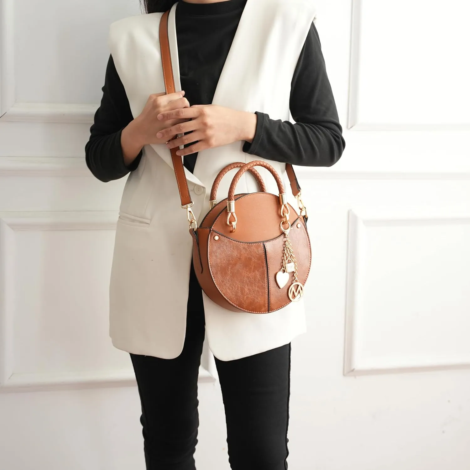 MKF Collection Stylish Round Crossbody Bag for Women – PU Leather Wristlet Handbag, Fashion Circle Messenger Purse by Mia K