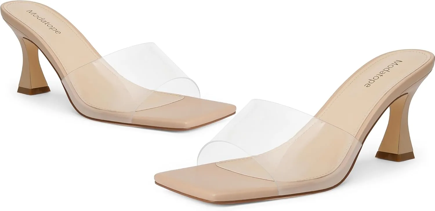 Modatope Womens Heeled Sandals Open Square Toe Heels Chunky Block Heel Slip On Sandals for Women