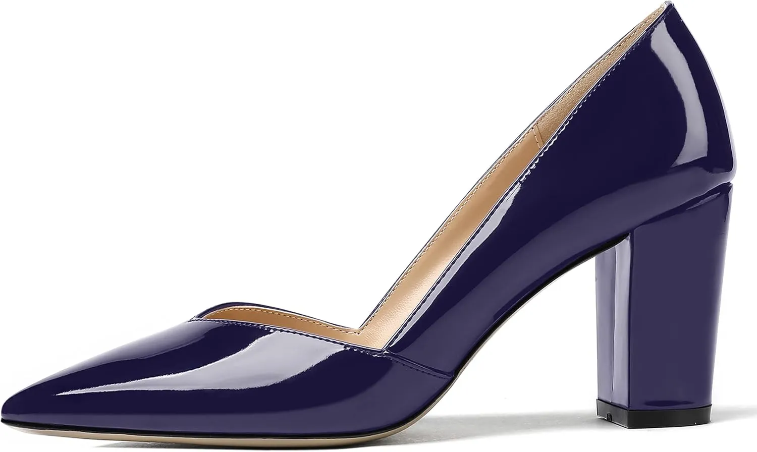 MODENCOCO Women's Pointed Toe Slip On Patent Cut Out Block High Heel Pumps Shoes 3.5 Inch
