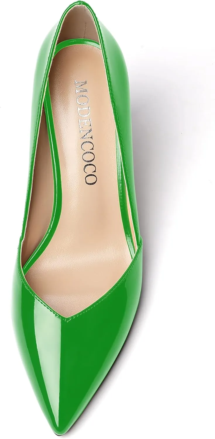 MODENCOCO Women's Pointed Toe Slip On Patent Cut Out Block High Heel Pumps Shoes 3.5 Inch