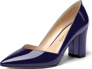 MODENCOCO Women's Pointed Toe Slip On Patent Cut Out Block High Heel Pumps Shoes 3.5 Inch