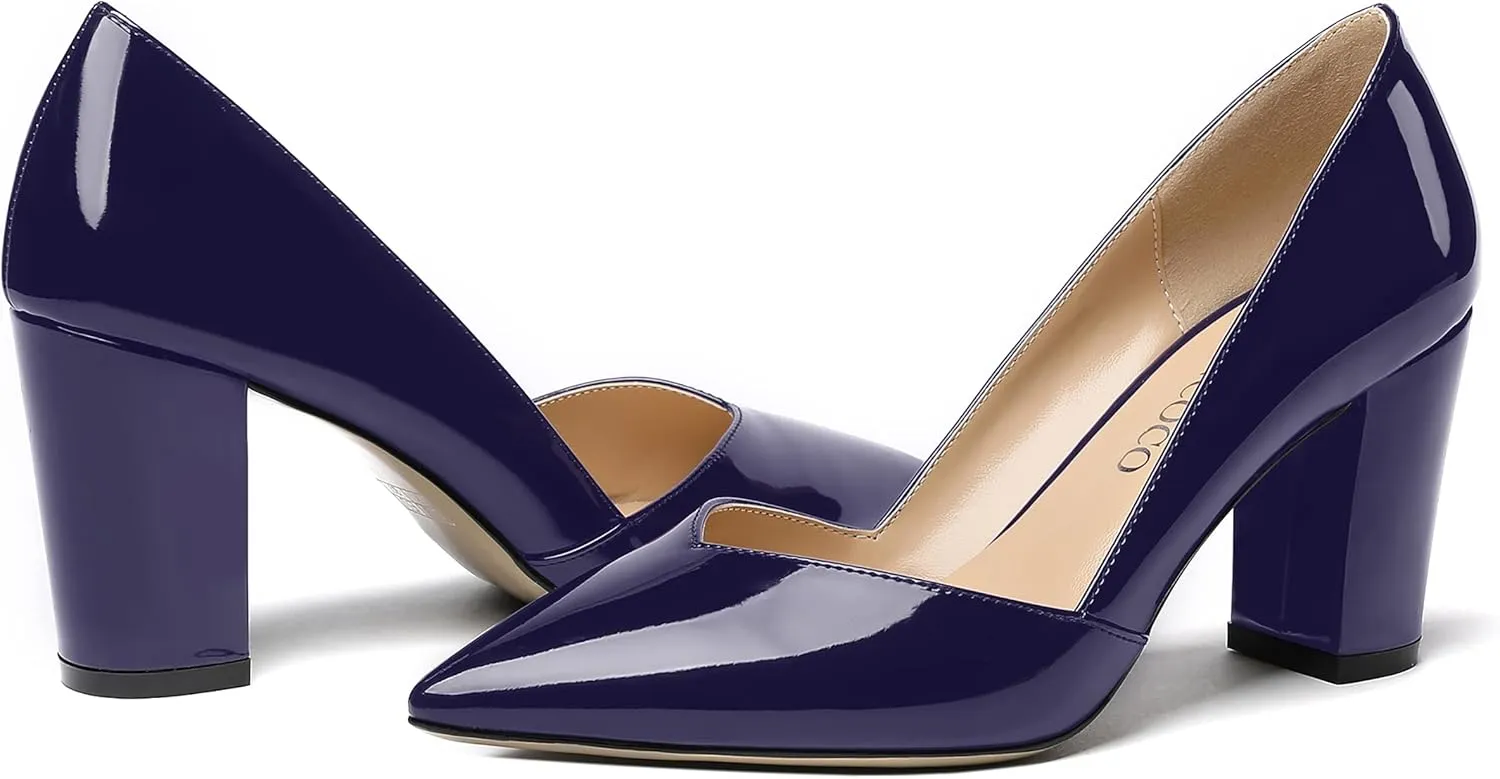 MODENCOCO Women's Pointed Toe Slip On Patent Cut Out Block High Heel Pumps Shoes 3.5 Inch