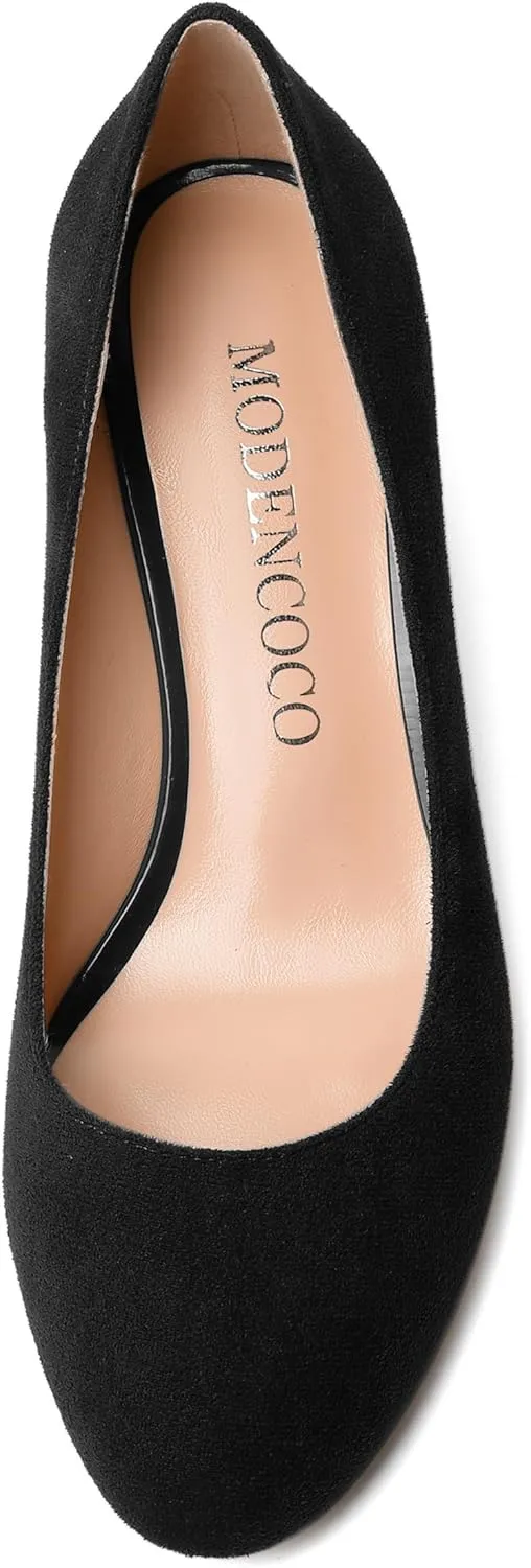 MODENCOCO Womens Suede Slip On Comfortable Formal Round Toe Office Chunky Low Heel Pumps Dress Shoes 2 Inch
