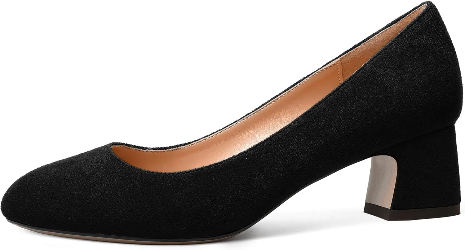 MODENCOCO Womens Suede Slip On Comfortable Formal Round Toe Office Chunky Low Heel Pumps Dress Shoes 2 Inch