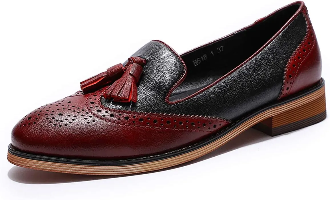 Mona flying Women's Leather Tassel Loafer Slip on Wingtip Brogue Dress Casual Flat Office Work Shoes for Ladies