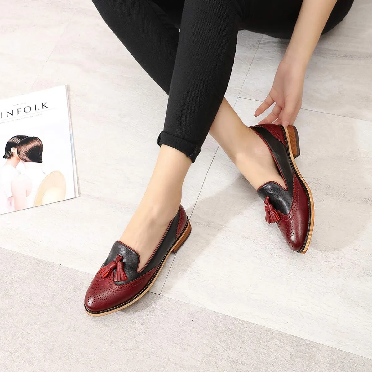 Mona flying Women's Leather Tassel Loafer Slip on Wingtip Brogue Dress Casual Flat Office Work Shoes for Ladies
